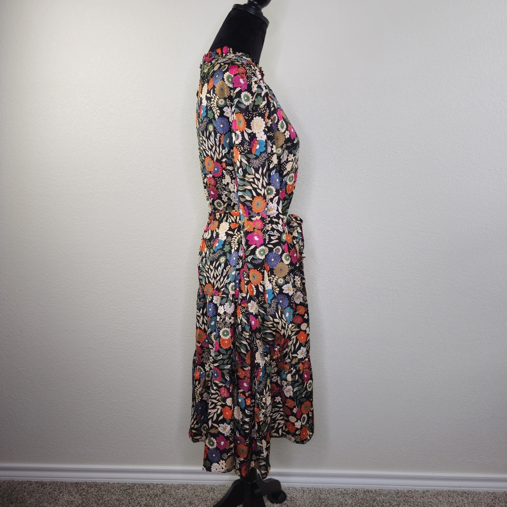 Maia Floral Drop Tie Waist Ruffle Black Long Sleeve Dress 14 - Picture 8 of 13